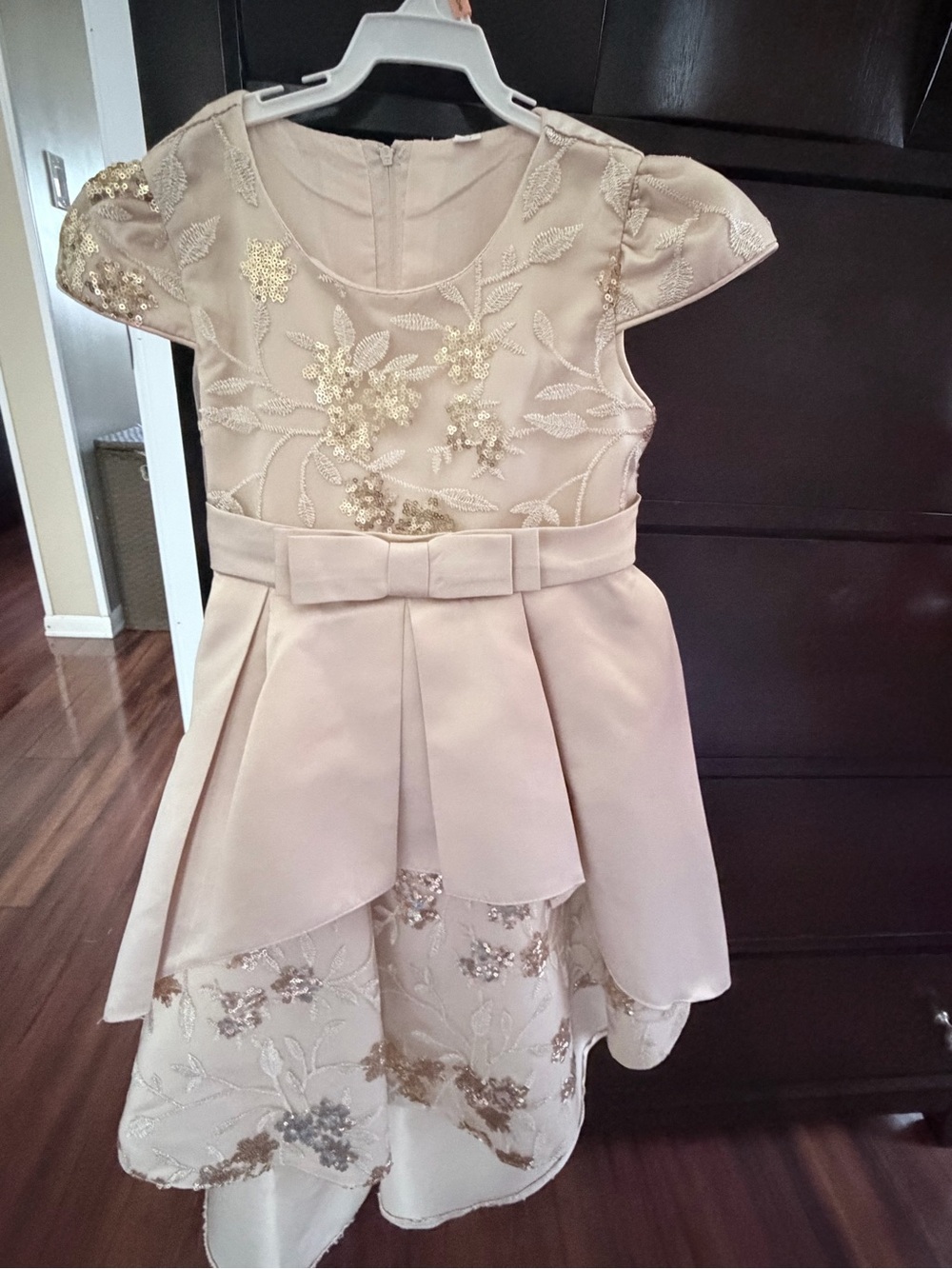 Girls' Champagne Embellished Party Dress with Bow Waist